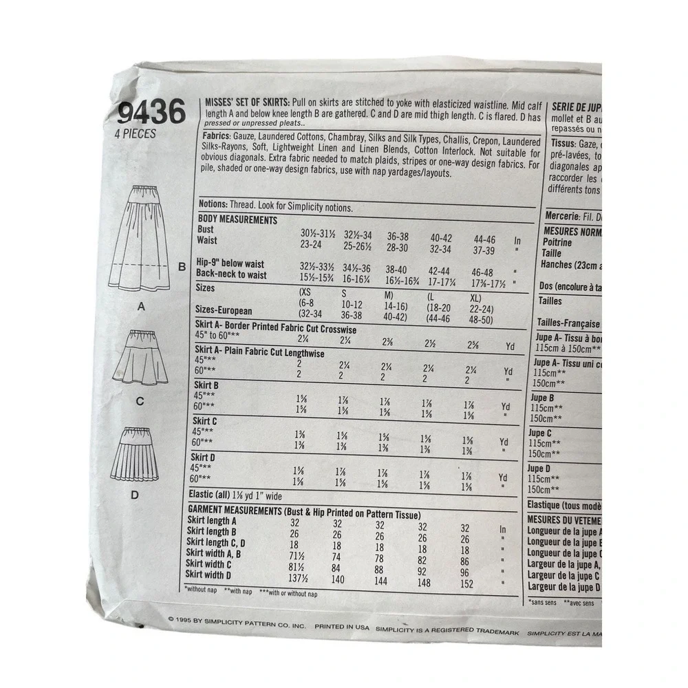 Simplicity Sewing Pattern‎ 9436 Skirt Misses Size XS-M